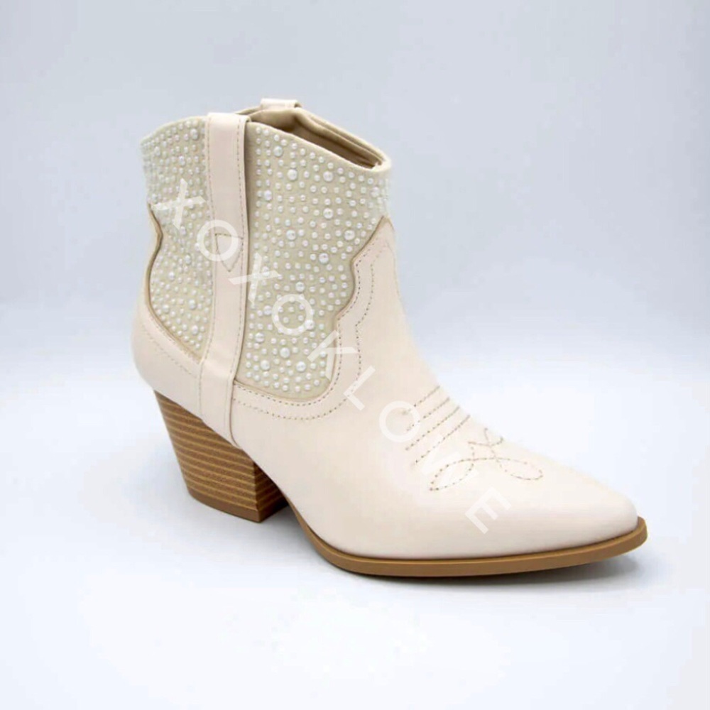 Qupid Cream Pearl Cowboy Boots | Western Glam Ankle Boot | Faux Leather - Picture 9 of 14